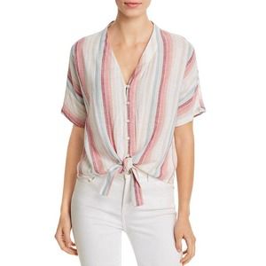 Elan Multicolor Striped V-Neck Tie Front Short Sleeve Top Womans Size Small